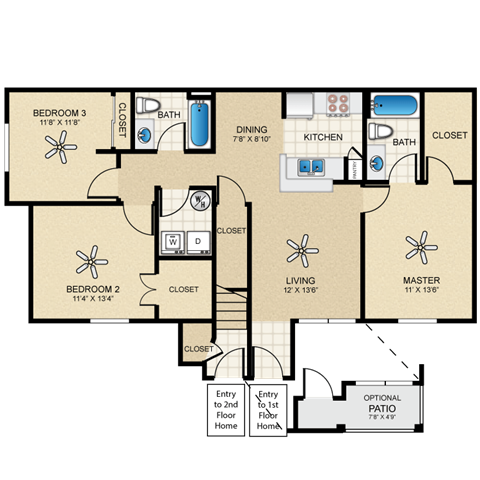 Floor plan for 3 beds, 2 baths, 1150 sqft